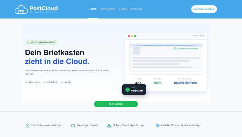 Screenshot von der Webseite eines Kundenprojektes PostCloud24 als Referenz